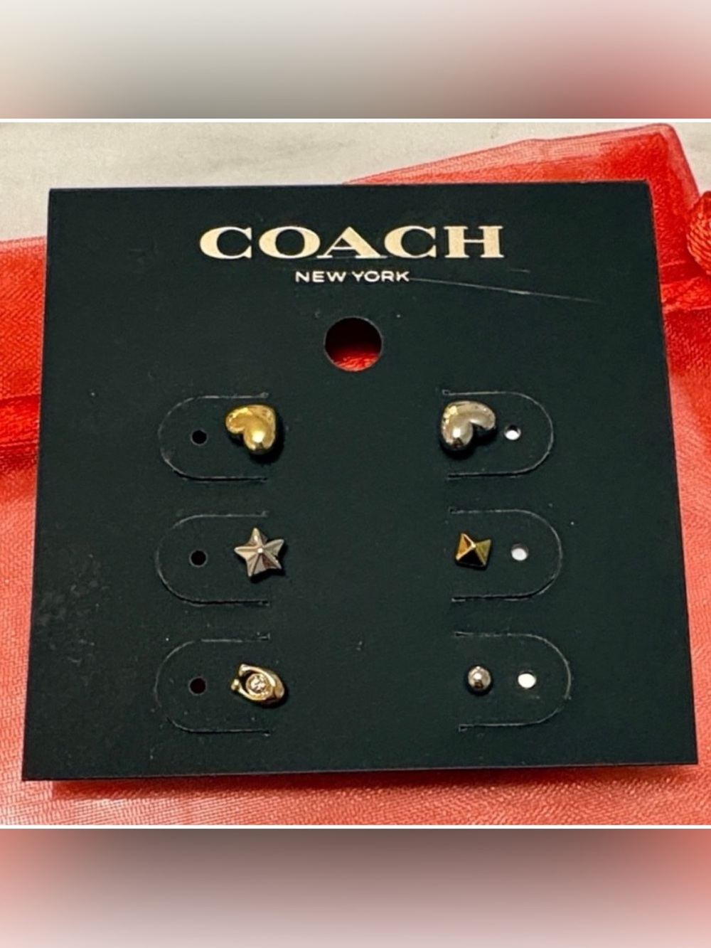 NWT COACH Earrings Set of 6 Mix & Match Stud Earrings Gold & Silver Heart Star